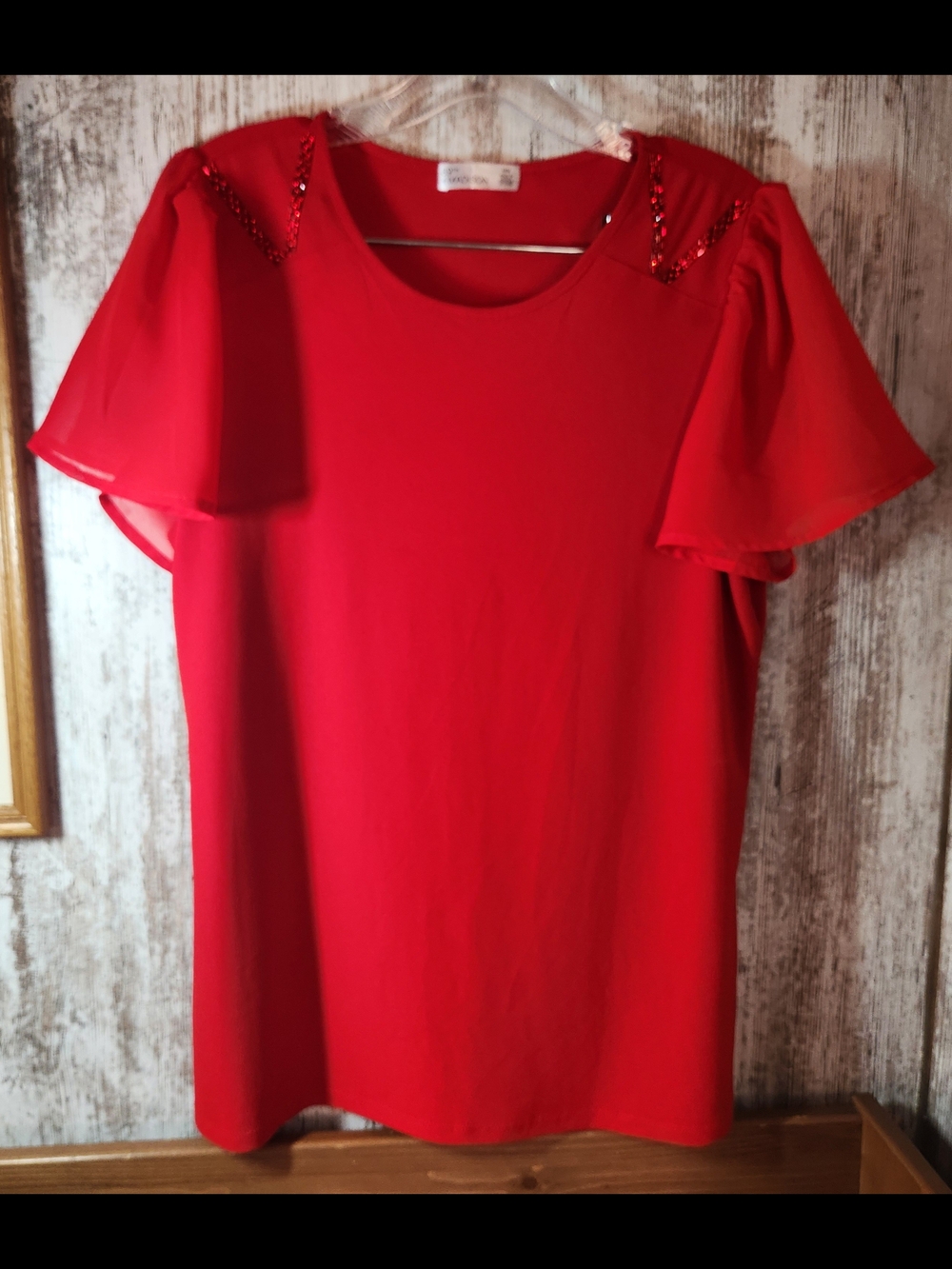 89th & Madison Vibrant Cherry Red Women's Blouse Beaded Shoulder Accents Sz M
